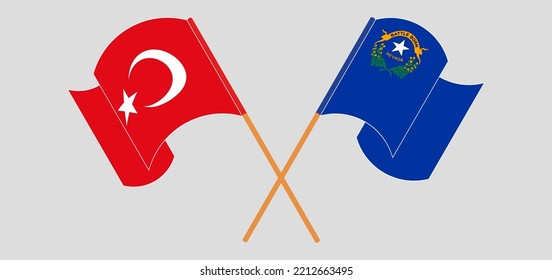 Crossed and waving flags of Turkiye and The State of Nevada. Vector illustration
