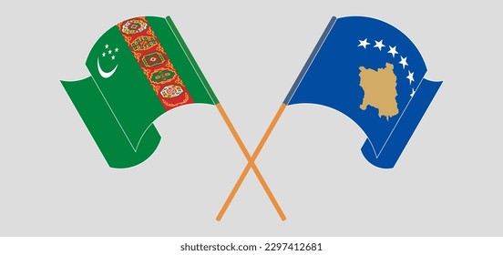 Crossed and waving flags of Turkmenistan and Kosovo