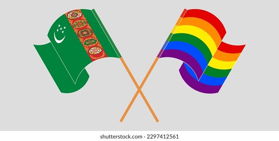 Crossed and waving flags of Turkmenistan and LGBTQ