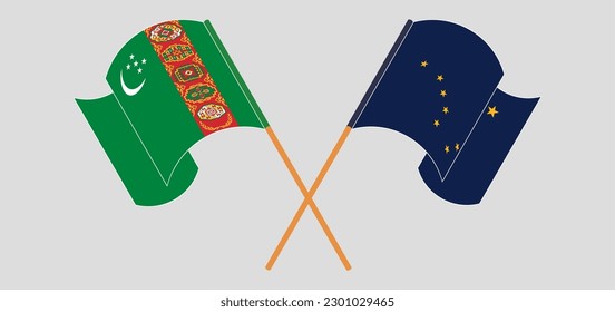 Crossed and waving flags of Turkmenistan and the State of Alaska. Vector illustration
