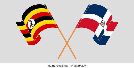 Crossed and waving flags of Uganda and Dominican Republic. Vector illustration
