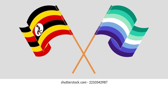 Crossed and waving flags of Uganda and gay men pride. Vector illustration
