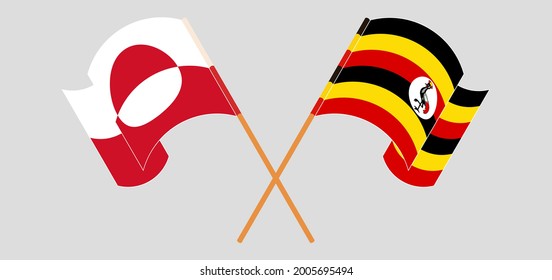 Banderas cruzadas y ondeando banderas de Uganda y Groenlandia
