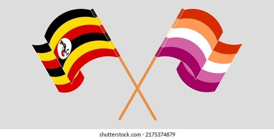 Crossed and waving flags of Uganda and Lesbian Pride. Vector illustration
