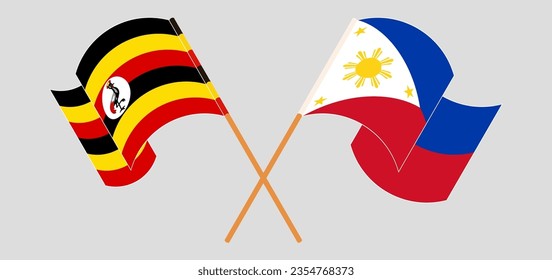 Crossed and waving flags of Uganda and the Philippines. Vector illustration
