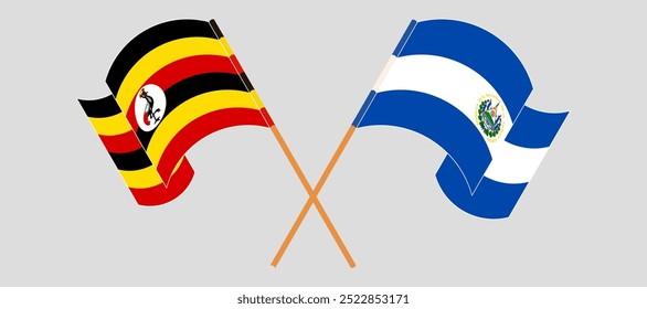 Crossed and waving flags of Uganda and Republic of El Salvador. Vector illustration.
