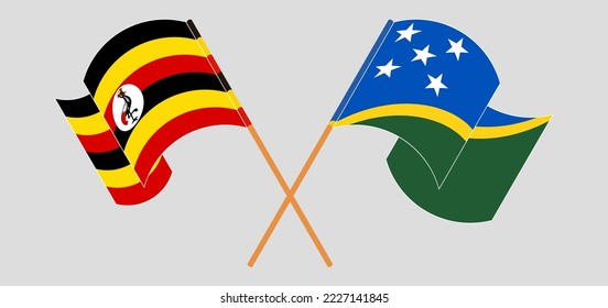 Banderas cruzadas y ondeando banderas de Uganda y las Islas Salomón. Ilustración del vector