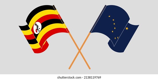 Crossed and waving flags of Uganda and the State of Alaska. Vector illustration
