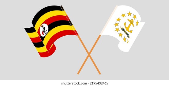Banderas cruzadas y ondeando banderas de Uganda y del Estado de la isla Rhode. Ilustración del vector
