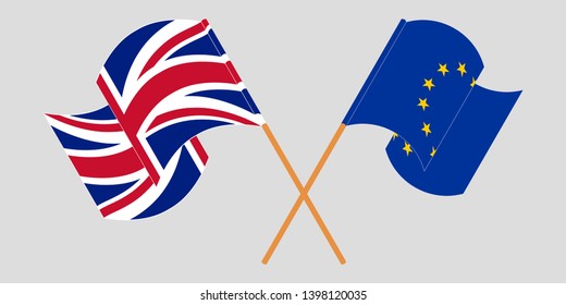 Crossed and waving flags of the UK and the EU