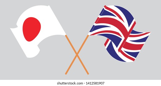 Crossed and waving flags of the UK and Japan