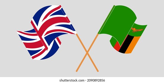 Crossed and waving flags of the UK and Republic of Zambia