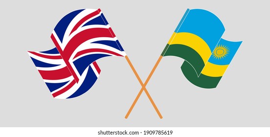 Crossed and waving flags of the UK and Rwanda
