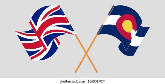 Crossed and waving flags of The UK and The State of Colorado