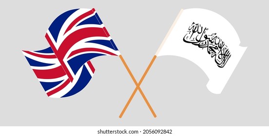 Crossed and waving flags of the UK and Taliban