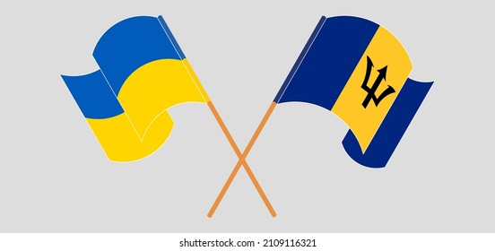 Crossed and waving flags of Ukraine and Barbados. Vector illustration
