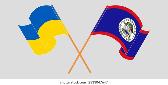 Crossed and waving flags of Ukraine and Belize. Vector illustration
