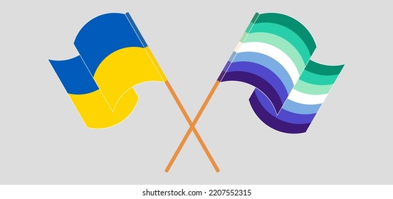 Crossed and waving flags of Ukraine and gay men pride. Vector illustration
