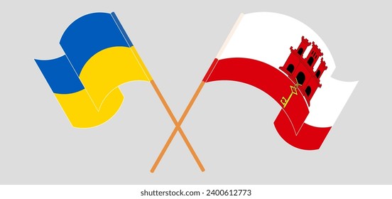 Crossed and waving flags of Ukraine and Gibraltar. Vector illustration
