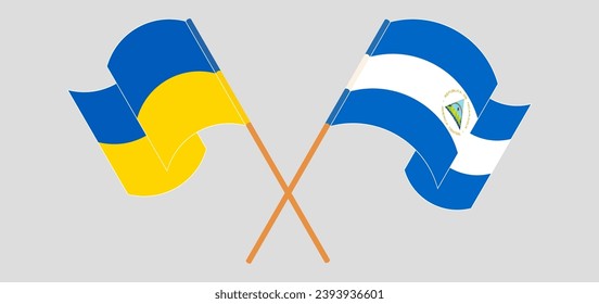 Crossed and waving flags of Ukraine and Nicaragua. Vector illustration
