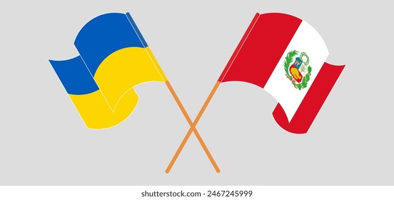 Crossed and waving flags of Ukraine and Peru. Vector illustration
