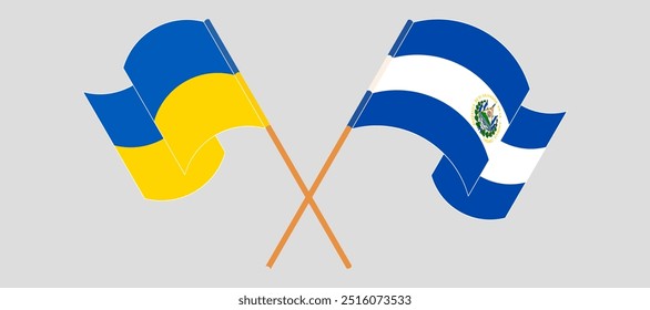 Crossed and waving flags of Ukraine and Republic of El Salvador. Vector illustration.
