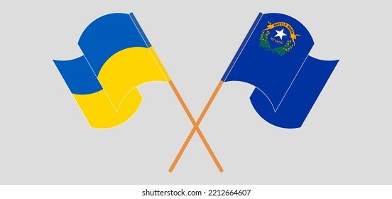 Crossed and waving flags of Ukraine and The State of Nevada. Vector illustration
