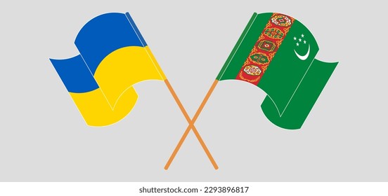 Crossed and waving flags of Ukraine and Turkmenistan. Vector illustration
