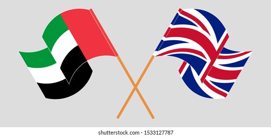 Crossed and waving flags of the United Arab Emirates and the UK. Vector illustration
