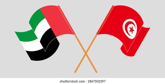 Crossed and waving flags of the United Arab Emirates and Tunisia