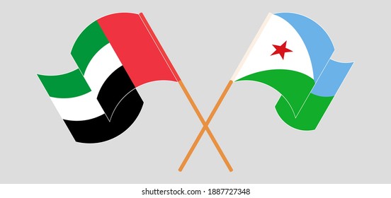 Banderas cruzadas y ondeando banderas de los Emiratos Árabes Unidos y Djibouti