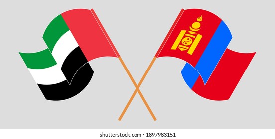 Banderas cruzadas y ondeadas de los Emiratos Árabes Unidos y Mongolia