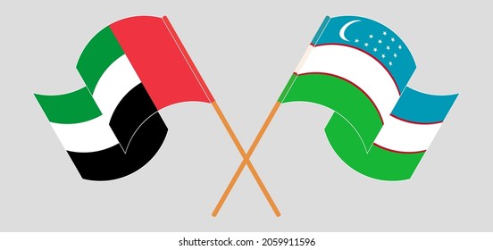 Crossed and waving flags of the United Arab Emirates and Uzbekistan