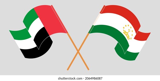 Crossed and waving flags of the United Arab Emirates and Tajikistan