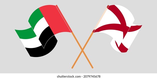 Banderas cruzadas y ondeando banderas de los Emiratos Árabes Unidos y del Estado de Alabama. Ilustración del vector
