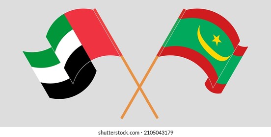 Crossed and waving flags of the United Arab Emirates and Mauritania. Vector illustration
