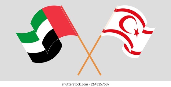 Crossed and waving flags of the United Arab Emirates and Northern Cyprus. Vector illustration
