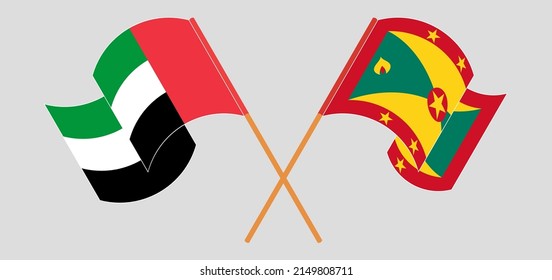 Banderas cruzadas y ondeando banderas de los Emiratos Árabes Unidos y Granada. Ilustración del vector
