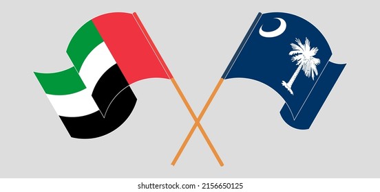 Crossed and waving flags of the United Arab Emirates and The State of South Carolina. Vector illustration
