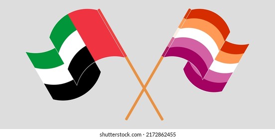 Banderas cruzadas y ondeando banderas de los Emiratos Árabes Unidos y del Orgullo Lesbiano. Ilustración del vector

