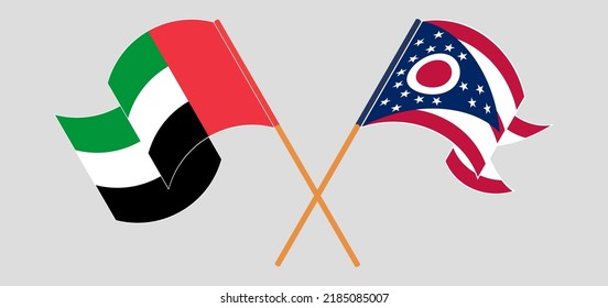 Banderas cruzadas y ondeando banderas de los Emiratos Árabes Unidos y del Estado de Ohio. Ilustración del vector
