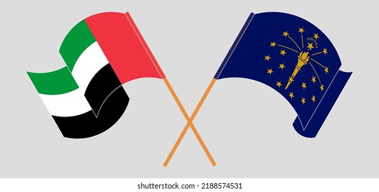 Crossed and waving flags of the United Arab Emirates and the State of Indiana. Vector illustration
