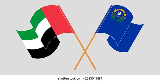 Crossed and waving flags of the United Arab Emirates and The State of Nevada. Vector illustration
