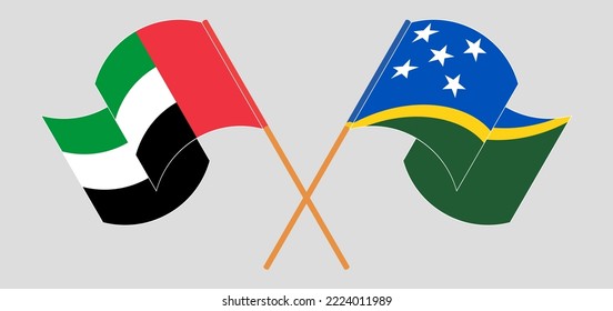 Crossed and waving flags of the United Arab Emirates and Solomon Islands. Vector illustration
