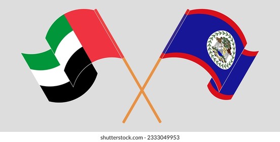 Crossed and waving flags of the United Arab Emirates and Belize. Vector illustration
