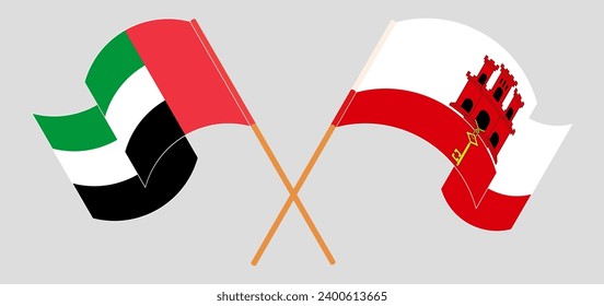 Banderas cruzadas y ondeando banderas de los Emiratos Árabes Unidos y Gibraltar. Ilustración del vector
