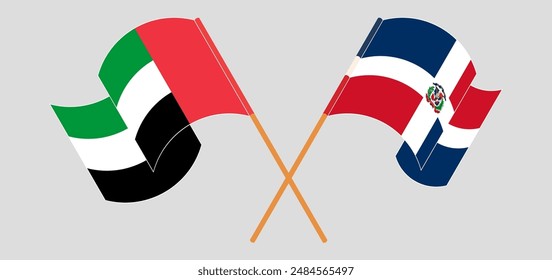 Crossed and waving flags of the United Arab Emirates and Dominican Republic. Vector illustration
