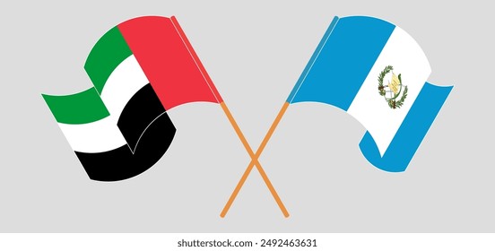 Crossed and waving flags of the United Arab Emirates and Republic of Guatemala. Vector illustration
