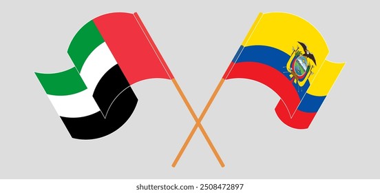 Crossed and waving flags of the United Arab Emirates and Republic of Ecuador. Vector illustration
