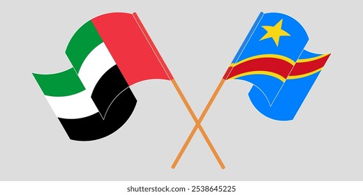 Banderas cruzadas y ondeando de los Emiratos Árabes Unidos y la República Democrática del Congo. Ilustración vectorial.
